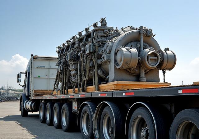 Flatbed trailer carrying industrial machinery